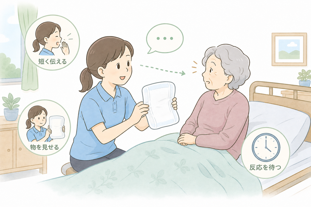 介護士がパットを見せながら短く声をかけ、高齢者の表情や反応を待っている様子。