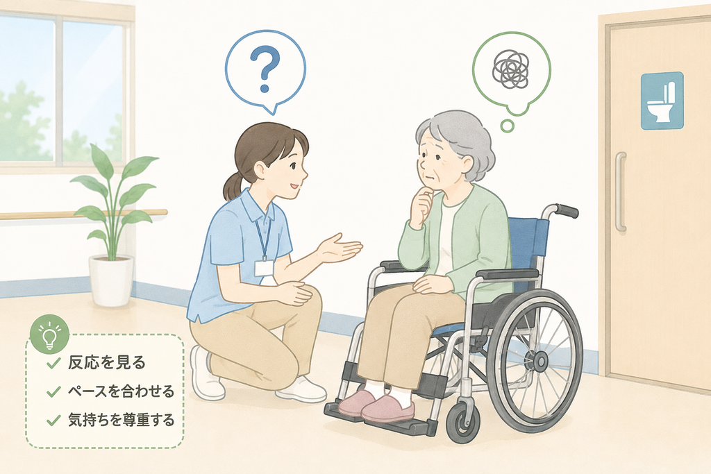 トイレ誘導の前に、高齢者の反応や気持ちを確認しながら声をかける介護士の様子