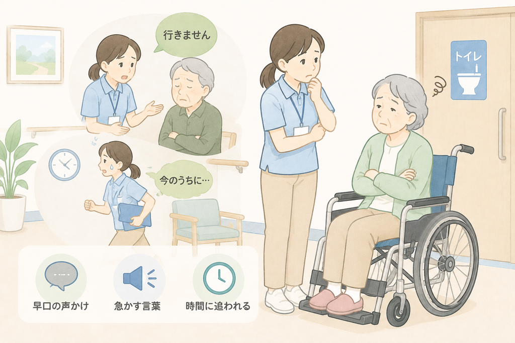 トイレ誘導で高齢者から拒否され、声かけやタイミングに迷う介護士の様子