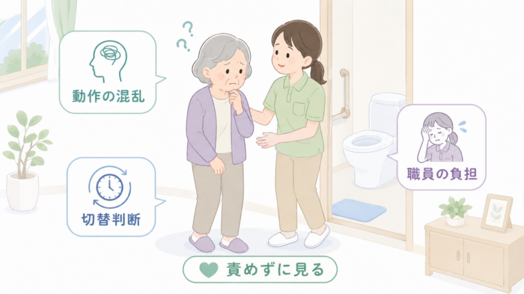 認知症のある高齢者の戸惑いを、動作の混乱や切替判断、職員の負担を含めて責めずに捉える介護場面。