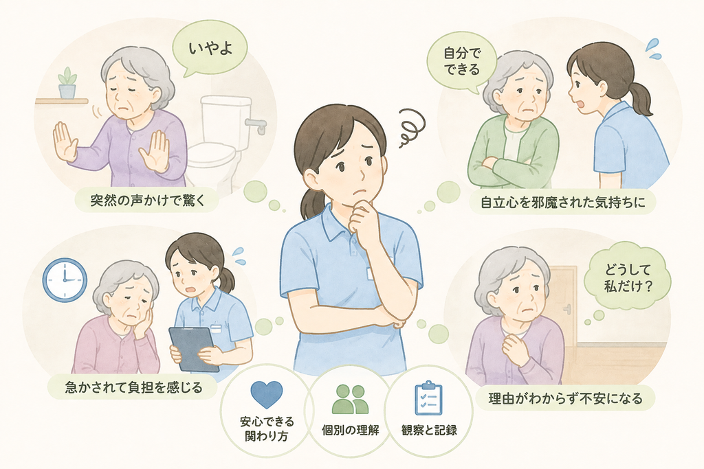 トイレ誘導で拒否につながる背景として、不安や自尊心、急かされる感覚などを介護士が考えている様子