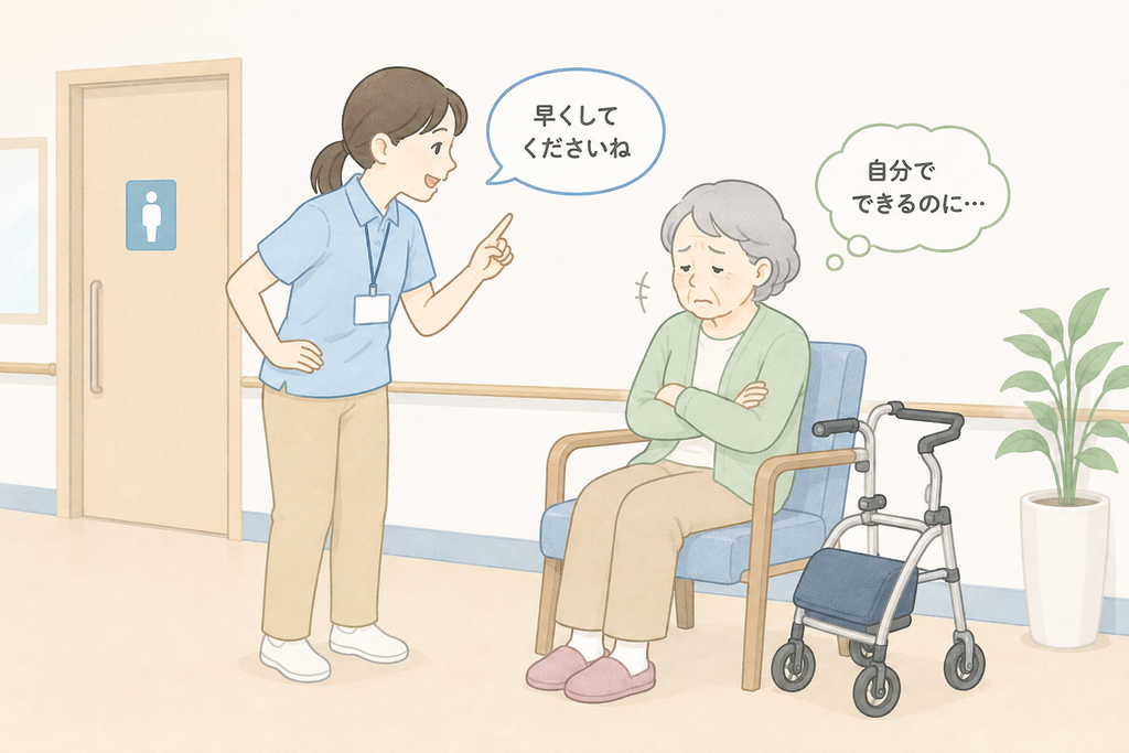 強い口調で声をかける介護士に対し、高齢者が自尊心を傷つけられたように表情を曇らせている様子