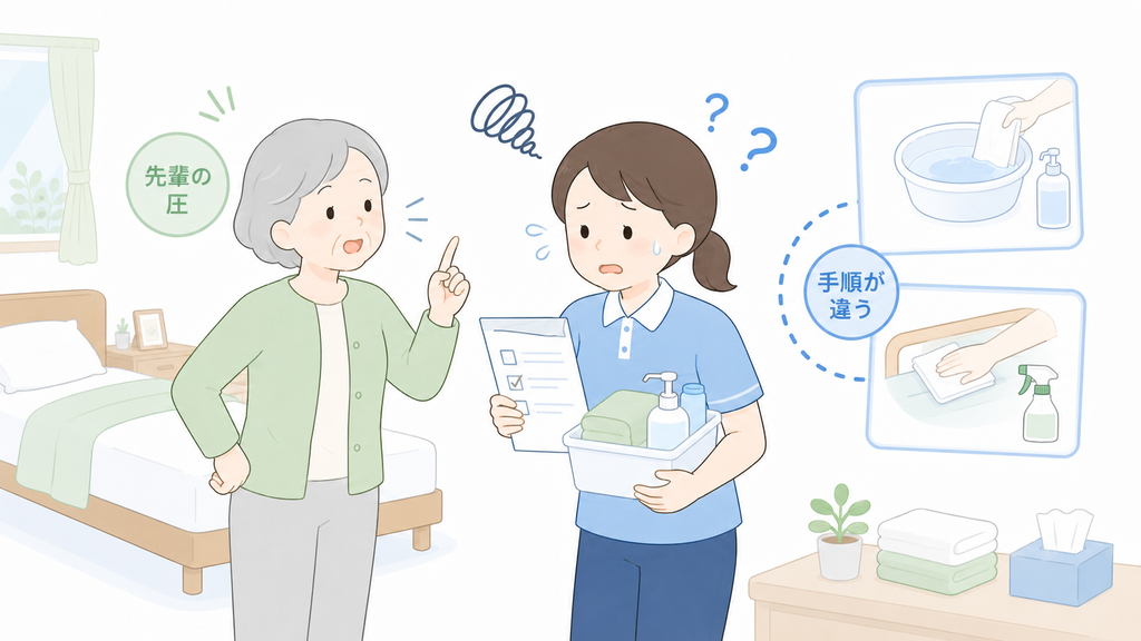 介護手順の違いや先輩からの指示に戸惑い、焦りながら対応する新人介護士の様子。