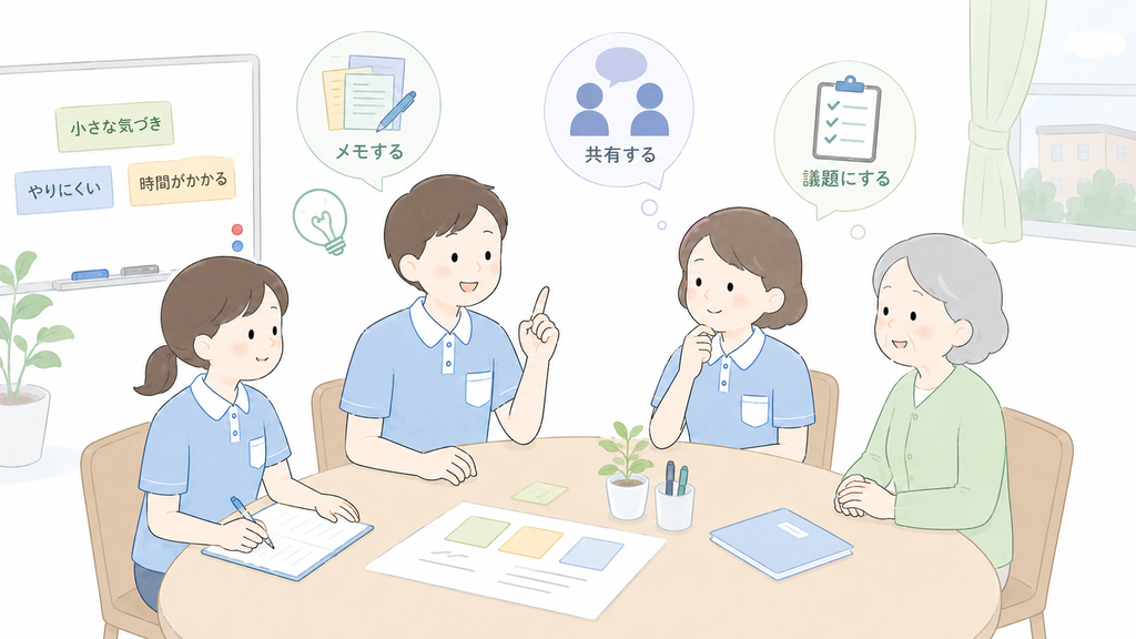 介護現場の小さな困りごとをメモ・共有し、生産性向上委員会の議題に整理するイメージ