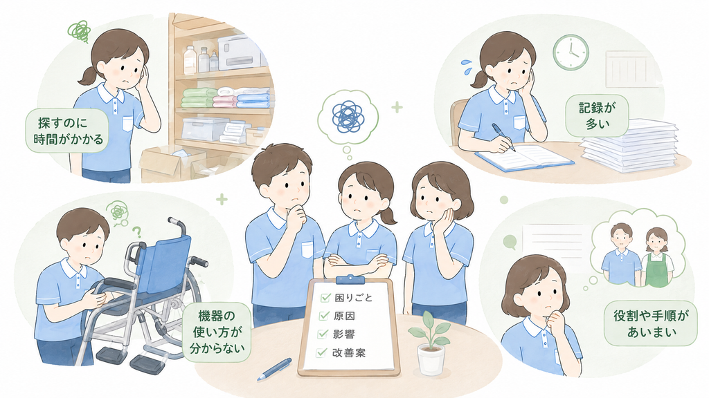 物品探し、記録量、介護機器の使い方、役割や手順の曖昧さなど、介護現場のよくある業務上の困りごとを示すイラスト
