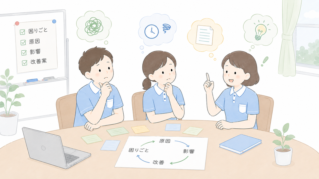 介護職員が困りごと・原因・影響・改善案を整理し、生産性向上委員会の議題設定について話し合うイラスト