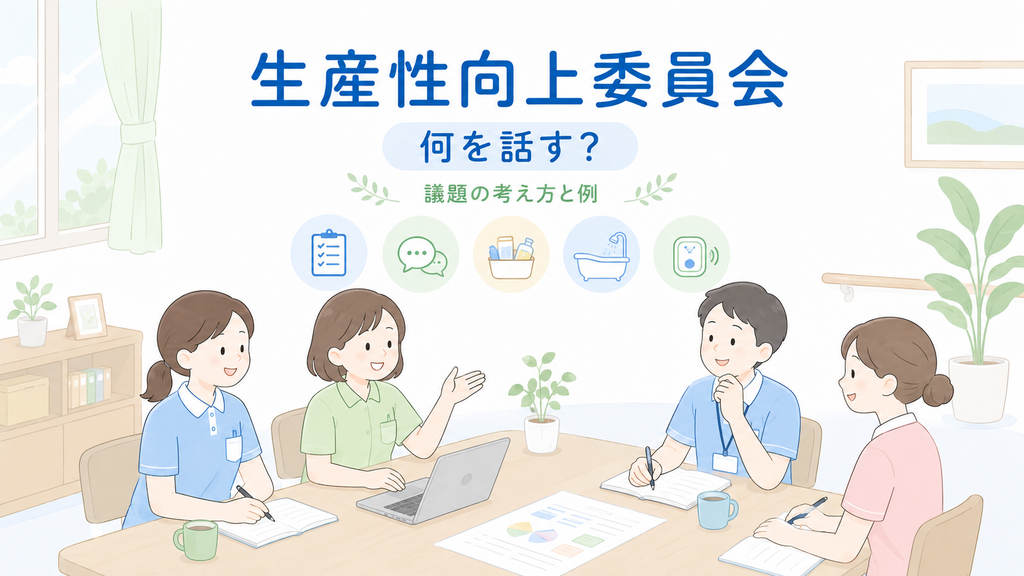 介護施設の職員4人が生産性向上委員会で記録や申し送り、物品管理などの改善テーマを話し合っているイラスト
