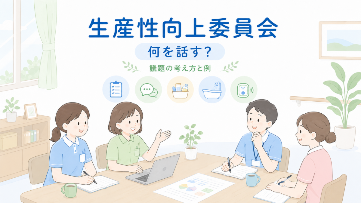 介護施設の職員4人が生産性向上委員会で記録や申し送り、物品管理などの改善テーマを話し合っているイラスト