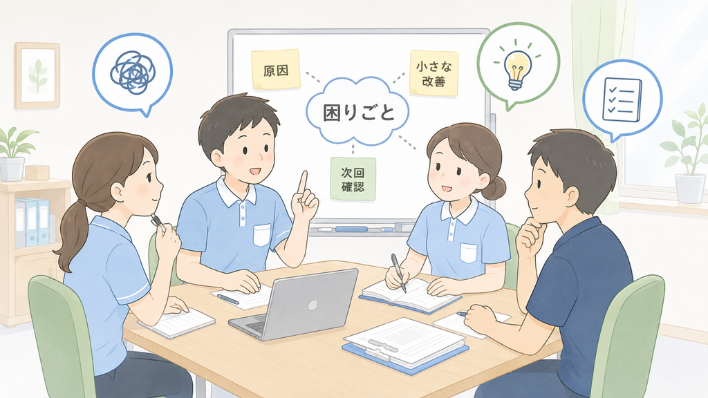 介護施設の職員4人が、生産性向上委員会で現場の困りごとを原因・小さな改善・次回確認に整理して話し合っているイラスト