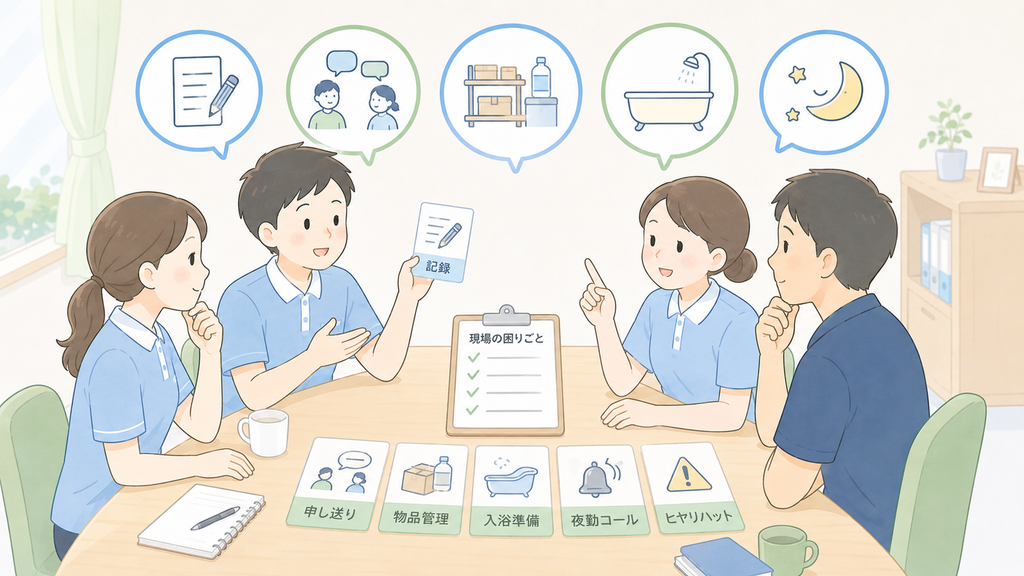 介護施設の職員4人が、記録・申し送り・物品管理・入浴準備・夜勤コール・ヒヤリハットなどの現場課題を整理して話し合っているイラスト