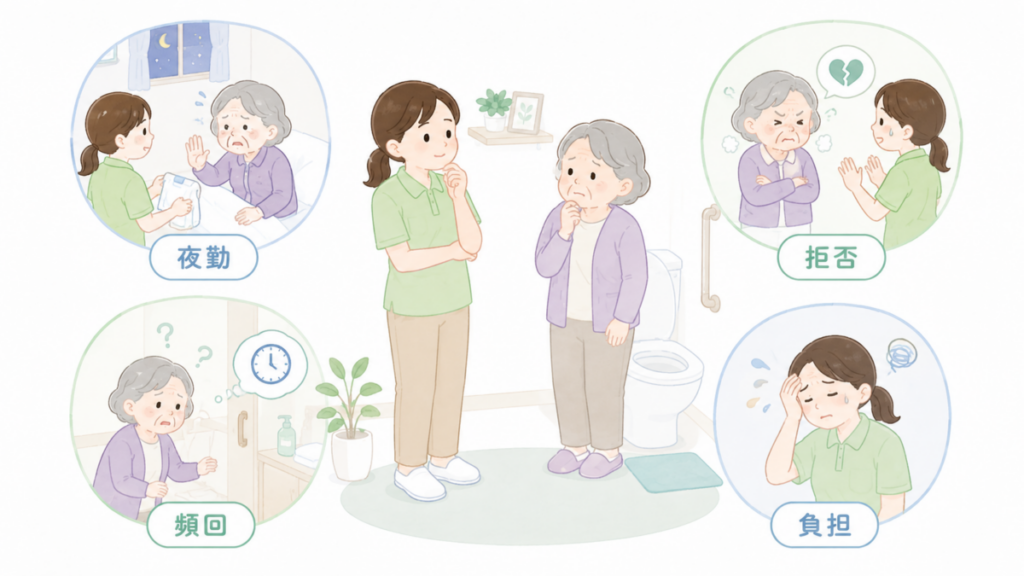 夜勤中の拒否や頻回トイレ、介助への拒否、職員の負担など、認知症のトイレ介助で起こりやすい場面を示した図解。