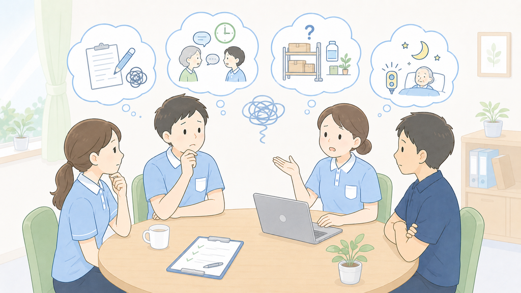 介護施設の職員4人が、生産性向上委員会で記録・申し送り・物品管理・夜勤対応などの課題を前に、報告だけで終わらせず改善方法を考えているイラスト