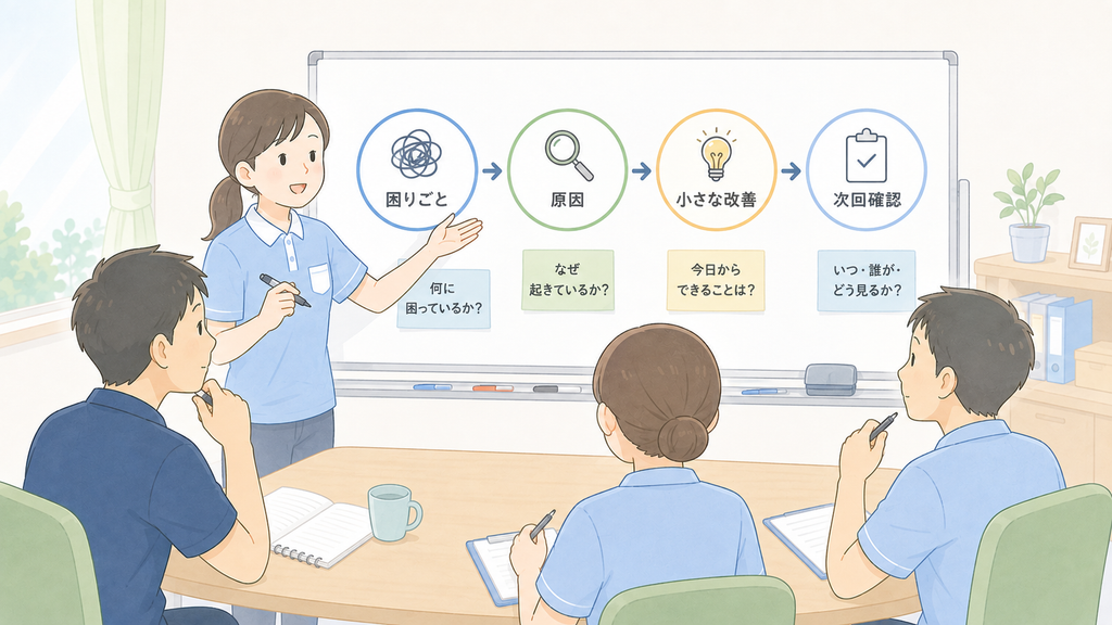 進行役の介護職員がホワイトボードを使い、困りごと・原因・小さな改善・次回確認の流れを職員に説明しているイラスト