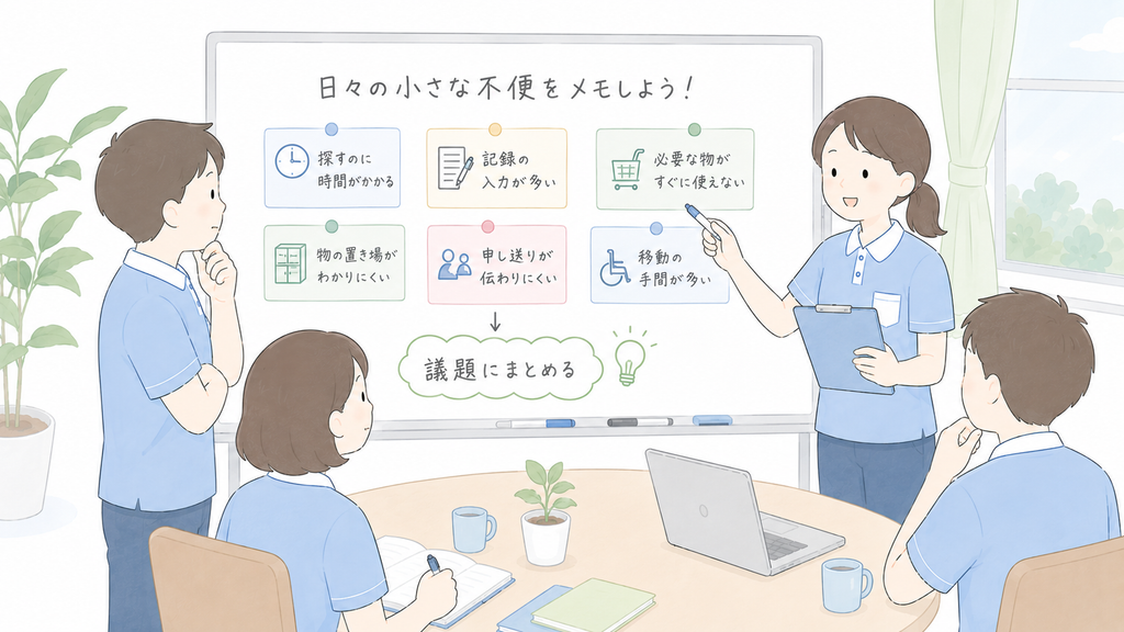 介護現場の日々の小さな不便をホワイトボードに書き出し、委員会の議題として整理する職員のイラスト」