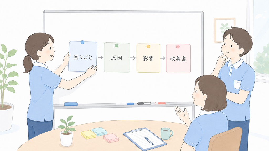 介護職員がホワイトボードに『困りごと』『原因』『影響』『改善案』のカードを順番に貼り、改善の視点で話し合っているイラスト