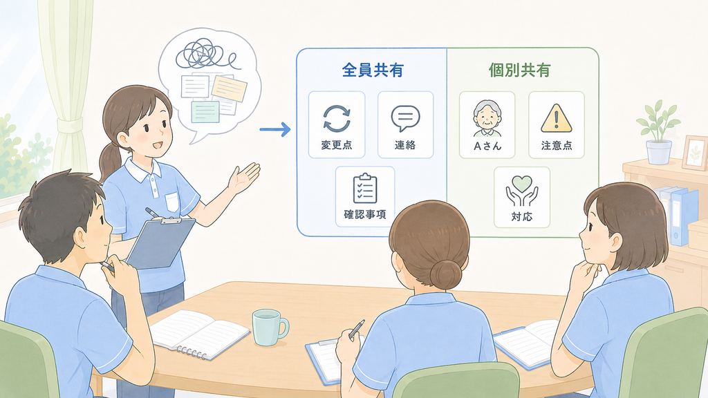 介護職員が申し送り内容を全員共有と個別共有に分け、変更点や確認事項と利用者ごとの注意点を整理しているイラスト