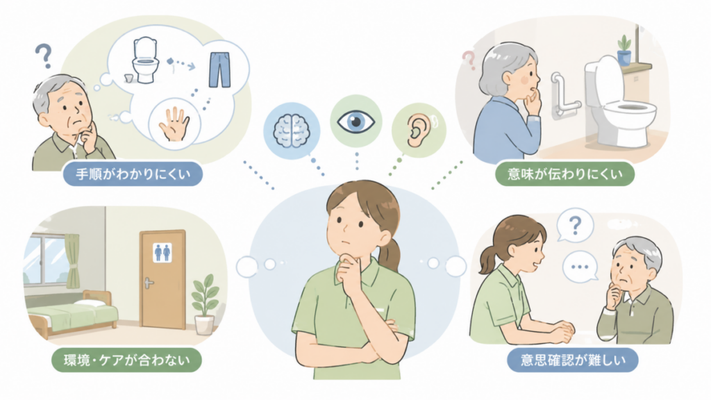 動作手順の混乱や意味の理解、環境・ケア方法、意思確認の難しさなど、トイレ拒否の背景要因を示した図解。