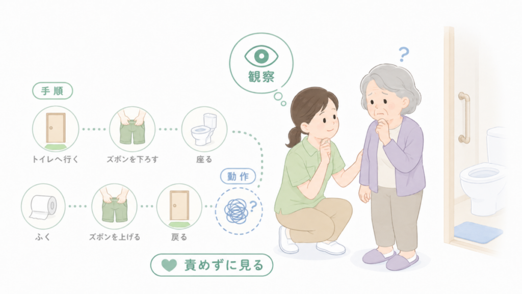 トイレ動作の手順が途中で崩れている様子を観察し、拒否ではなく動作のつまずきとして捉える介護場面。