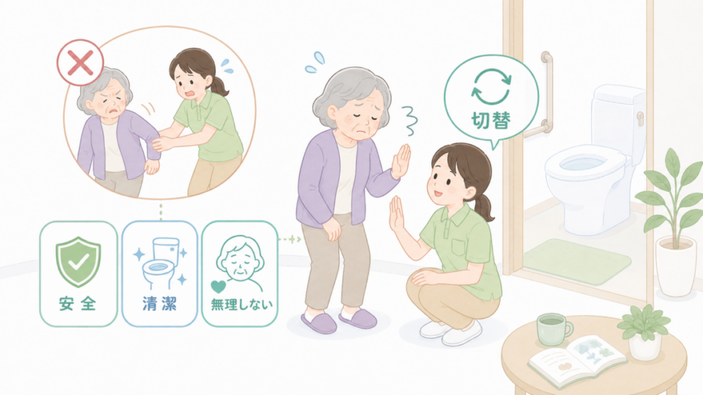 拒否がある利用者へ無理に介助せず、安全と清潔を確認しながら対応を切り替える介護場面。