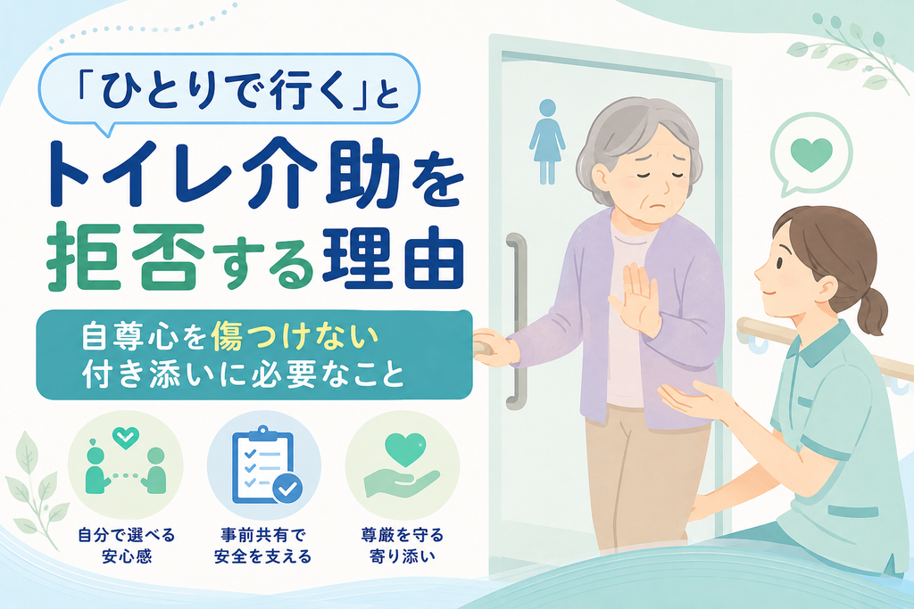 「ひとりで行く」とトイレ介助を拒否する高齢者に、介護職が自尊心へ配慮しながら付き添う様子を描いたイラスト