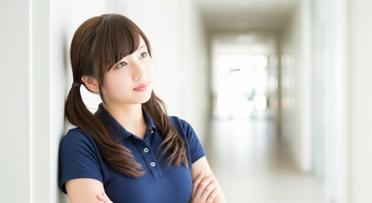 介護施設の廊下で、女性介護職員が腕を組みながら業務やケア方法について考えている様子
