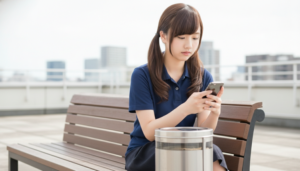 屋上やテラスのベンチに座り、スマートフォンを見つめている若い女性介護職員の様子。表情はやや沈み、仕事の連絡確認や家族対応後の振り返り、事故報告後の心情整理などを想起させるイメージ。