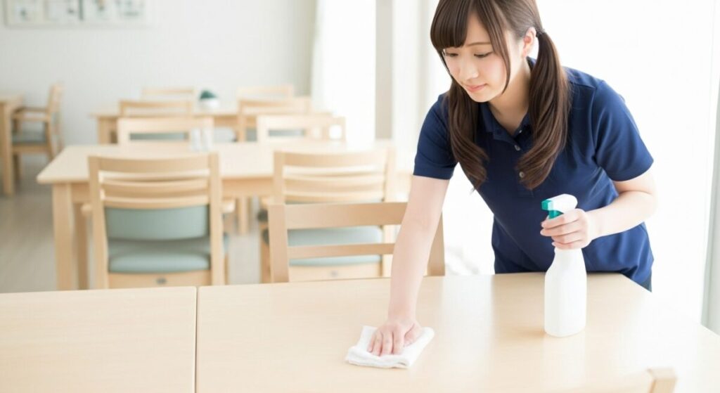 介護職員がテーブルをアルコール消毒で清掃する様子。高齢者施設における感染対策と環境整備の場面