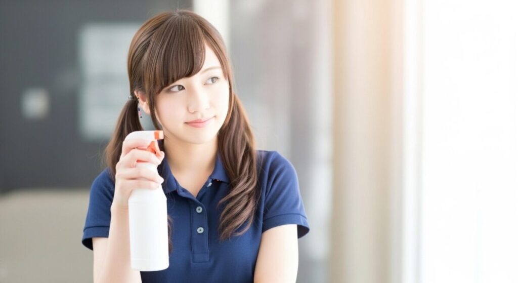 介護施設で女性介護職員が消毒スプレーを手に持ち、感染対策や環境消毒を行う準備をしている様子