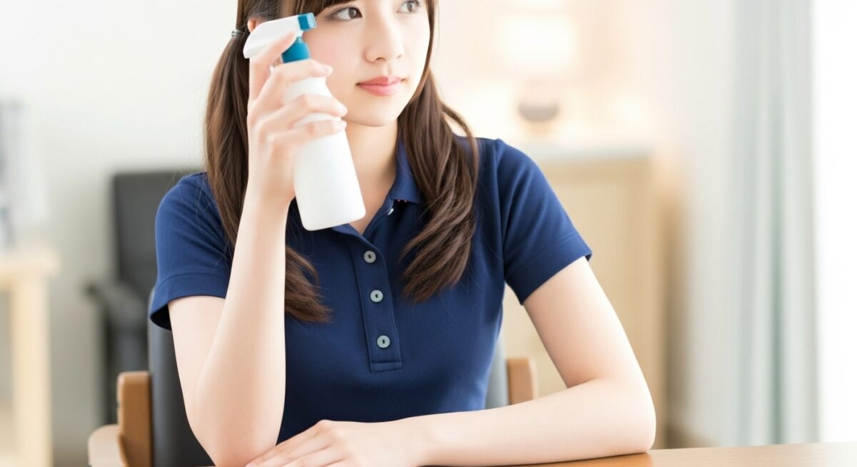 介護職員がアルコールスプレーを手に持つ様子。高齢者施設での感染対策や消毒準備を行う場面