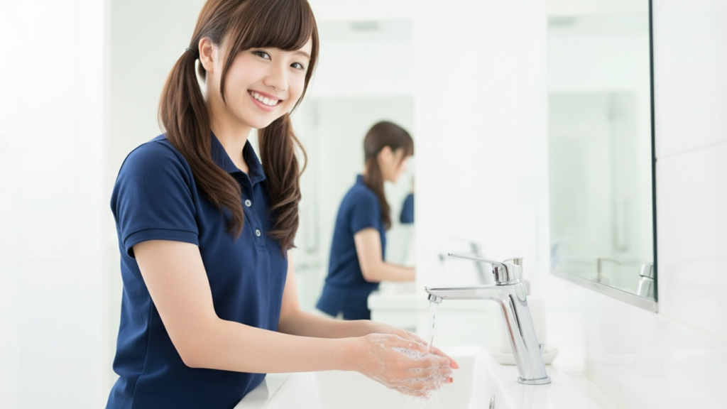 介護施設の洗面所で、女性介護職員が石けんで手洗いを行い感染予防を実践している様子