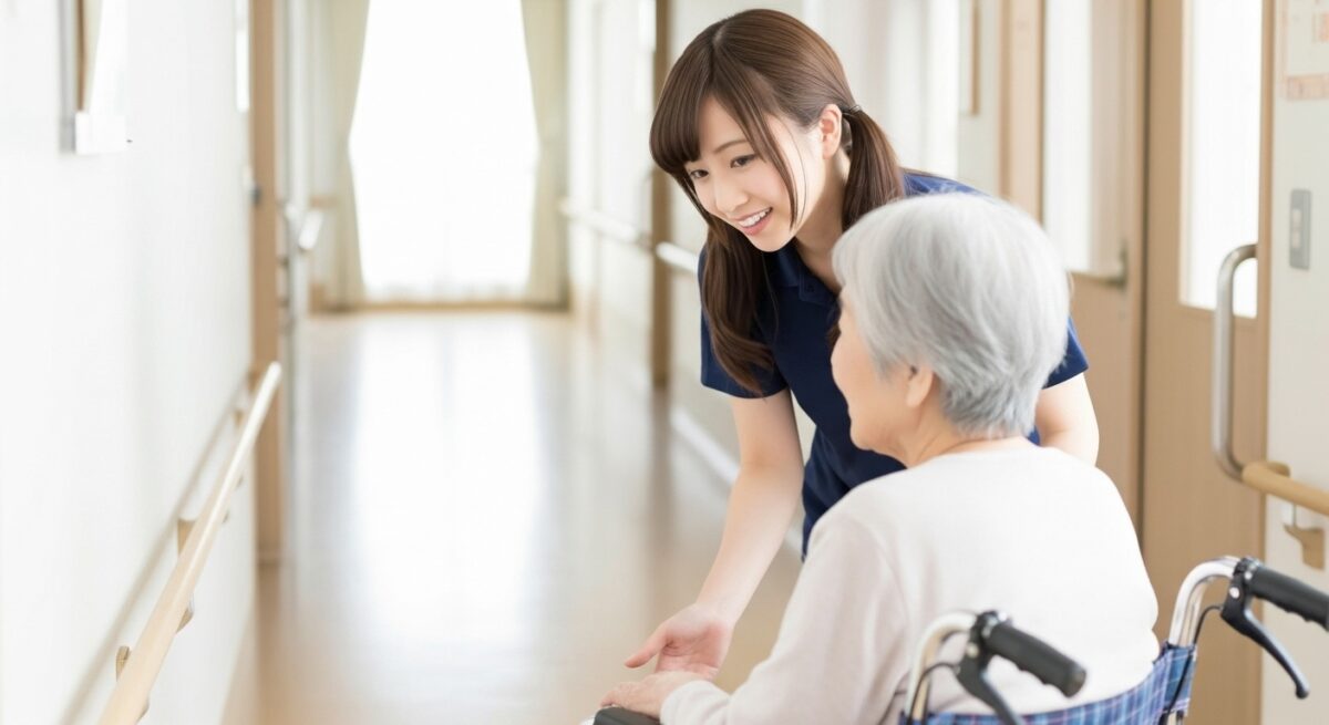 介護施設の廊下で車椅子の高齢女性に寄り添い、笑顔で声をかける若い女性介護職員の様子。自立支援を意識した移動介助や見守り支援、認知症ケアにおける安心感のあるコミュニケーションを示すイメージ。