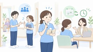 施設見学中の介護職が職員同士の連携と勤務変更の調整方法を比べているイラスト