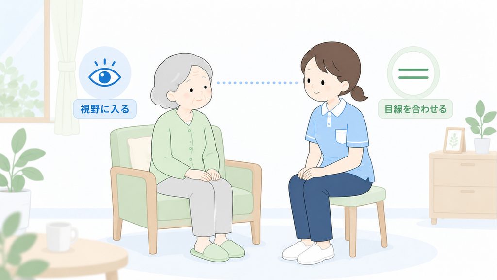 座っている認知症の方の視野に入り、目線の高さを合わせて向き合う介護職員のイラスト。

