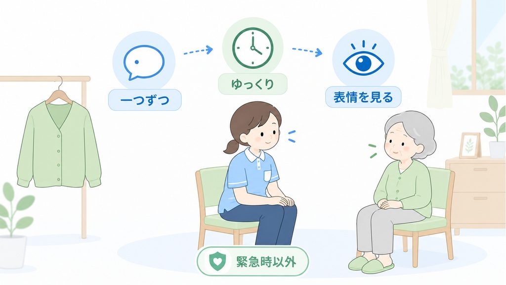 更衣の説明を緊急時以外は一つずつゆっくり伝え、本人の表情を確かめる視点を示した図。

