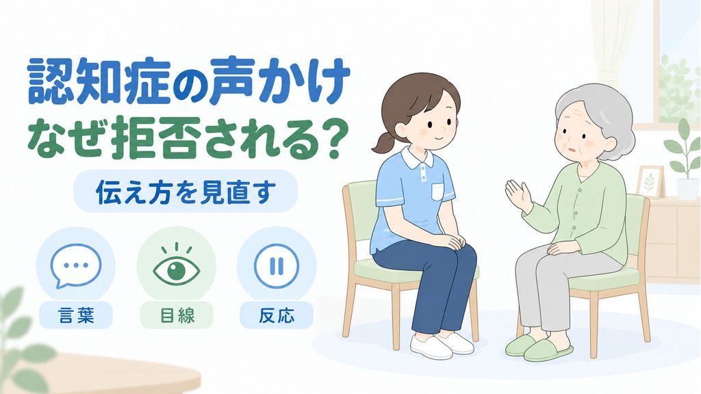 認知症の方と目線を合わせ、言葉や反応を確かめながら声かけを見直す介護職員のイラスト。

