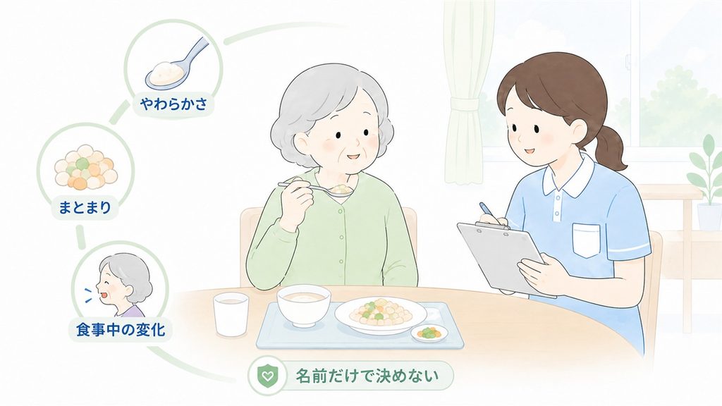 料理のやわらかさやまとまり、食事中の変化を介護士が確認する様子を描いたイラストです。