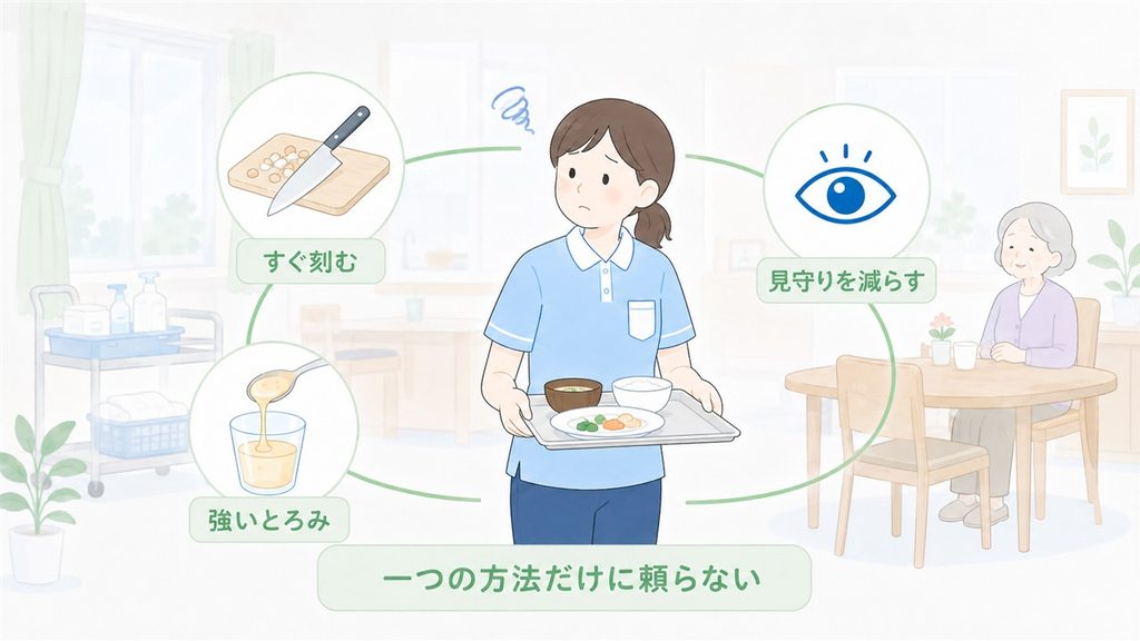 すぐ刻む、強いとろみにする、見守りを減らすという判断に迷う介護士を描いた図解です。
