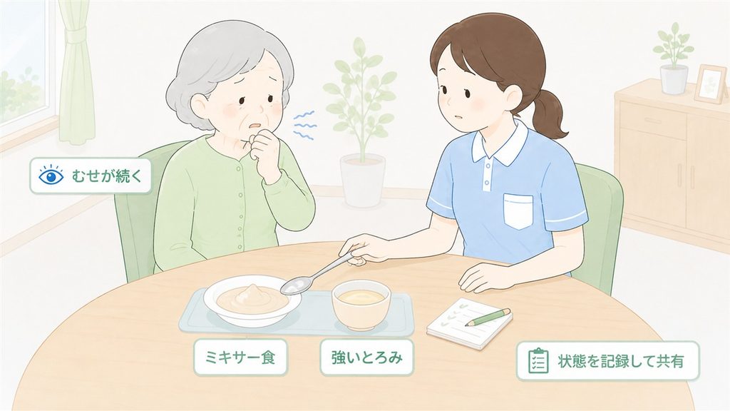 ミキサー食と強いとろみでもむせが続き、介護士が状態を記録する様子を描いたイラストです。