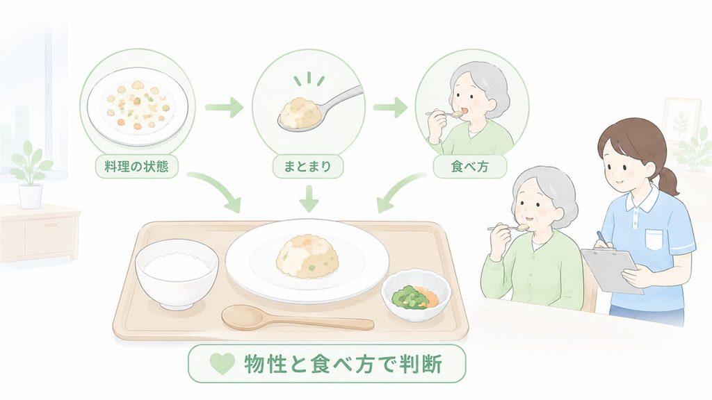 料理の状態、まとまり、実際の食べ方から食形態を考える視点を示した図解です。