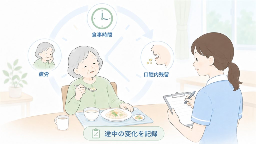 介護士が食事時間や疲労、口腔内残留など途中の変化を観察する様子を描いた図解です。