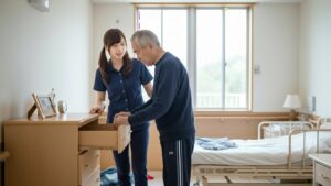 男性入居者と女性介護職員