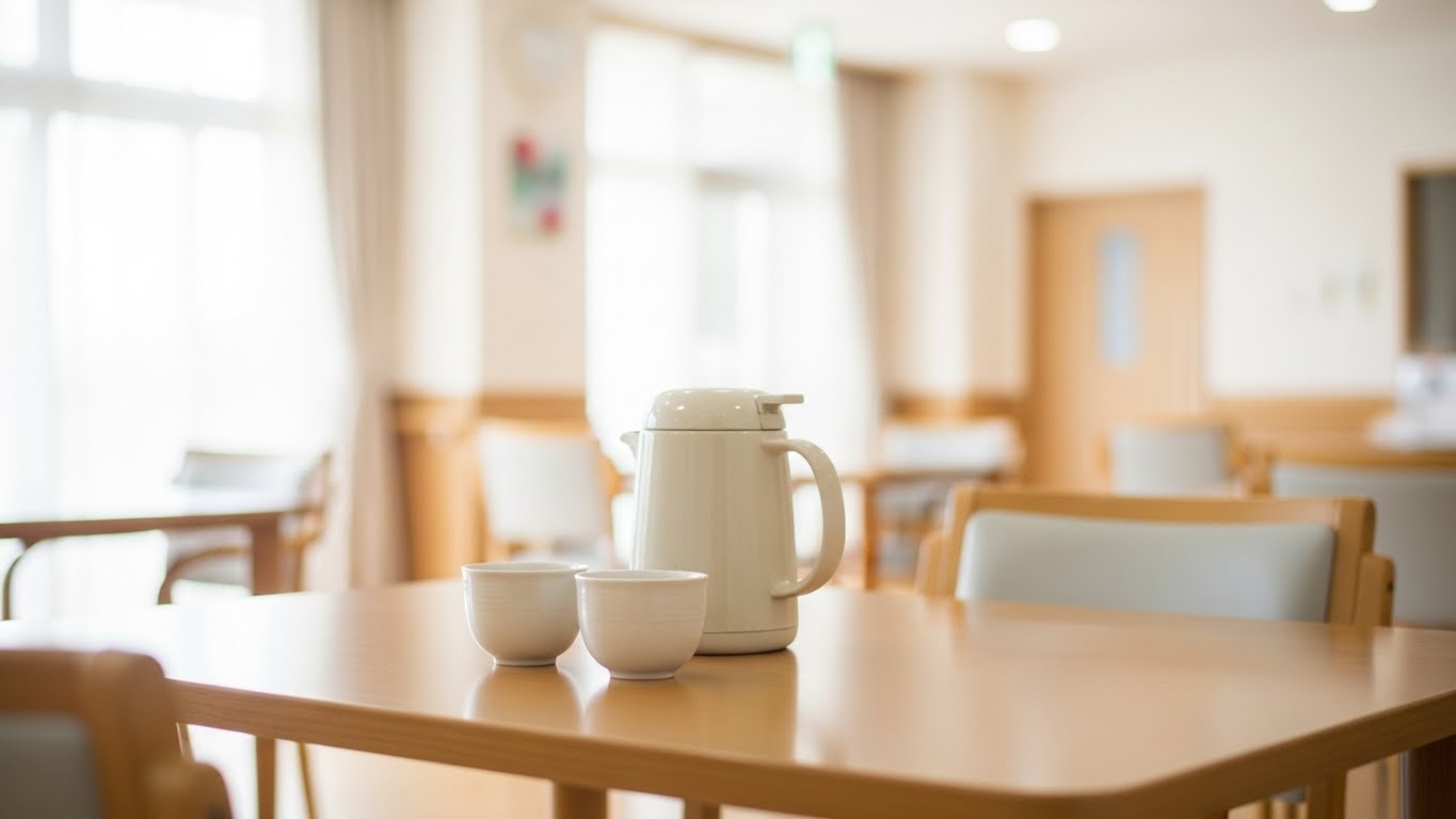 テーブルの上にポットと湯呑がある