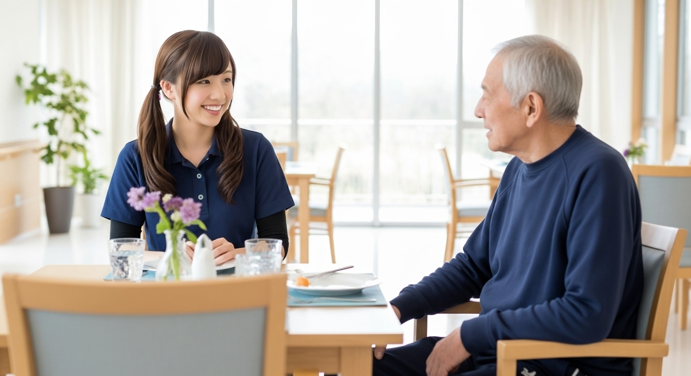 男性入居者と女性介護職員