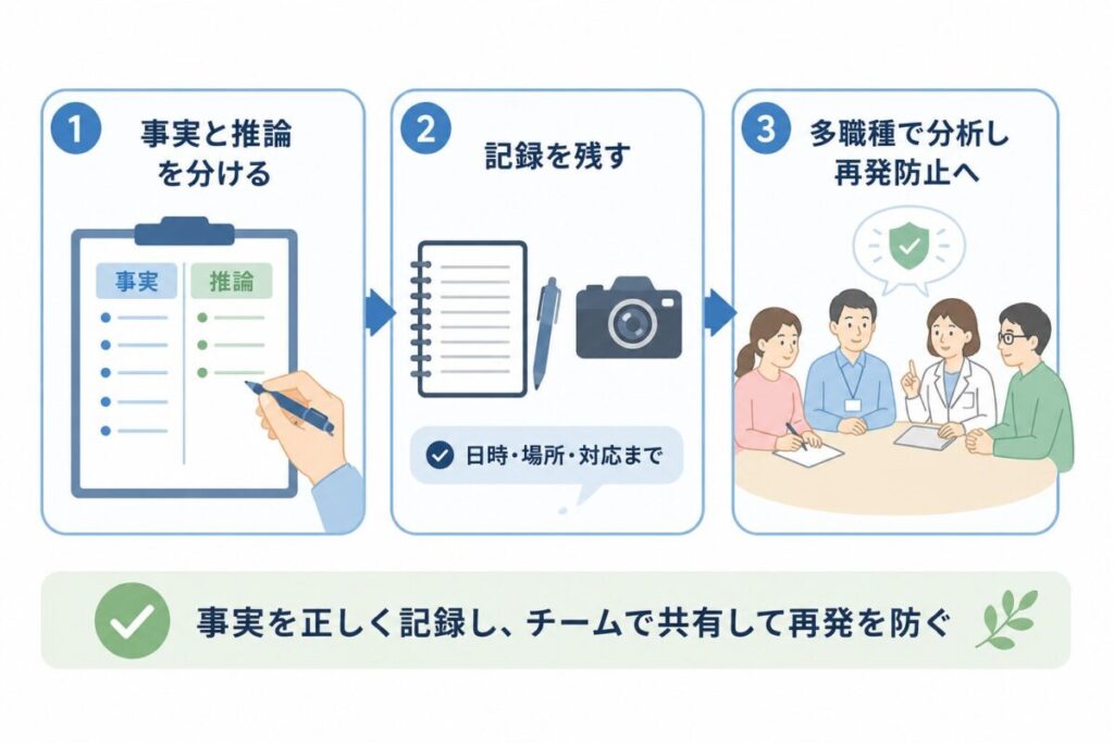 介護施設のアザ記録で、事実と推論を分け、日時や場所を記録し、多職種で共有して再発防止を検討する流れを示した図。