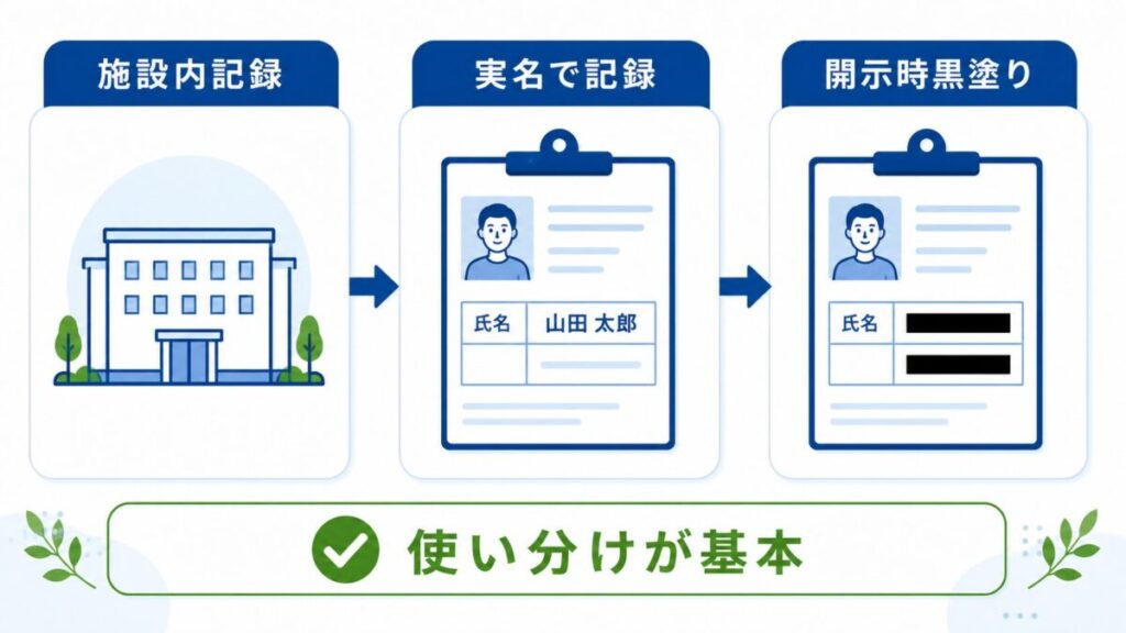 施設内では介護記録に実名を残し、外部へ開示する際は氏名などの個人情報を黒塗りする使い分けを示した図。