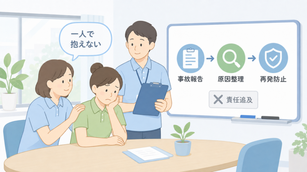 介護事故後に落ち込む職員を同僚と上司が支え、事故報告・原因整理・再発防止を責任追及と分けて考える様子のイラスト。