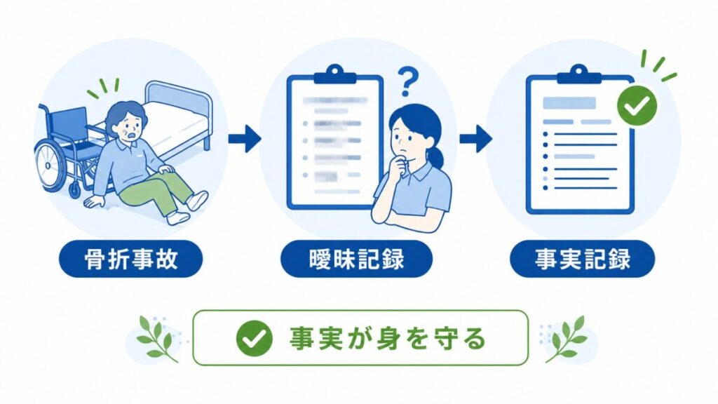 骨折事故の場面から、曖昧な記録では不安が残り、事実に基づく記録が職員を守ることを示した図。