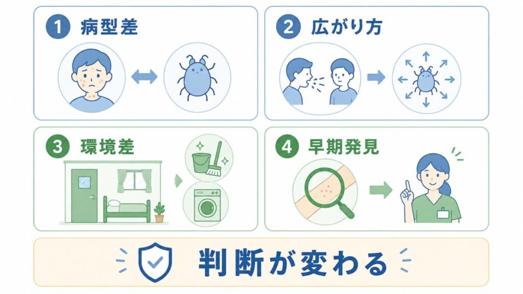 病型や感染の広がり方、環境対応、早期発見によって判断が変わることを整理した図解
