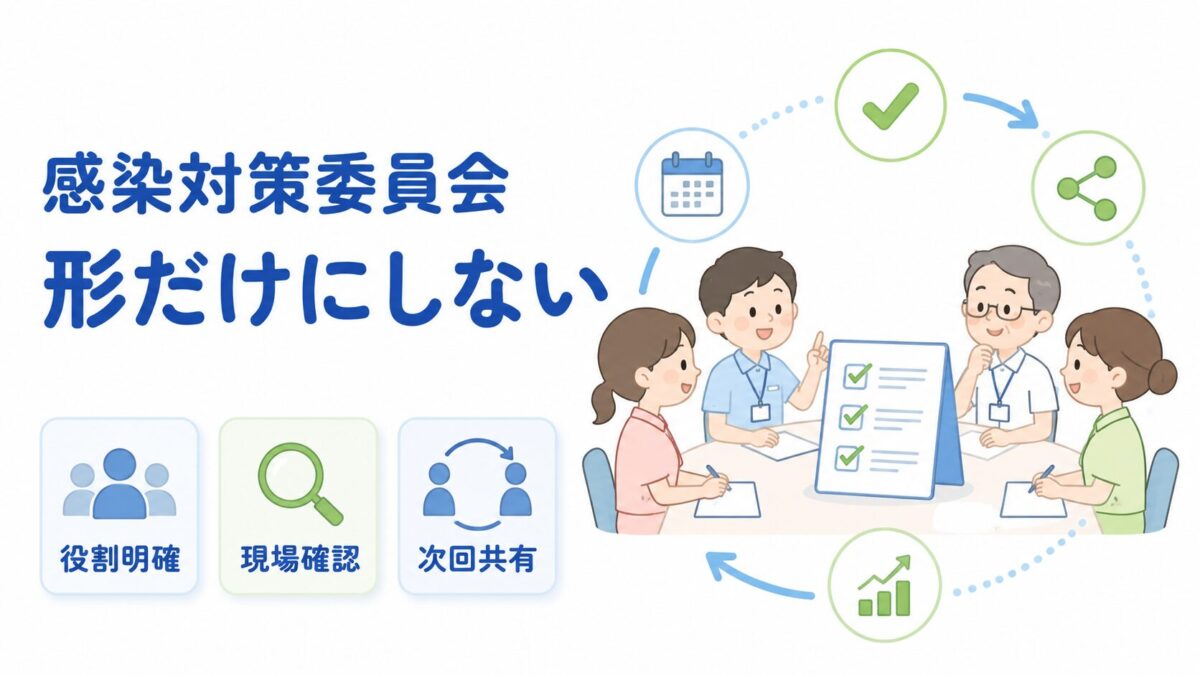 感染対策委員会で役割確認、現場確認、次回共有を話し合う介護職員の図解
