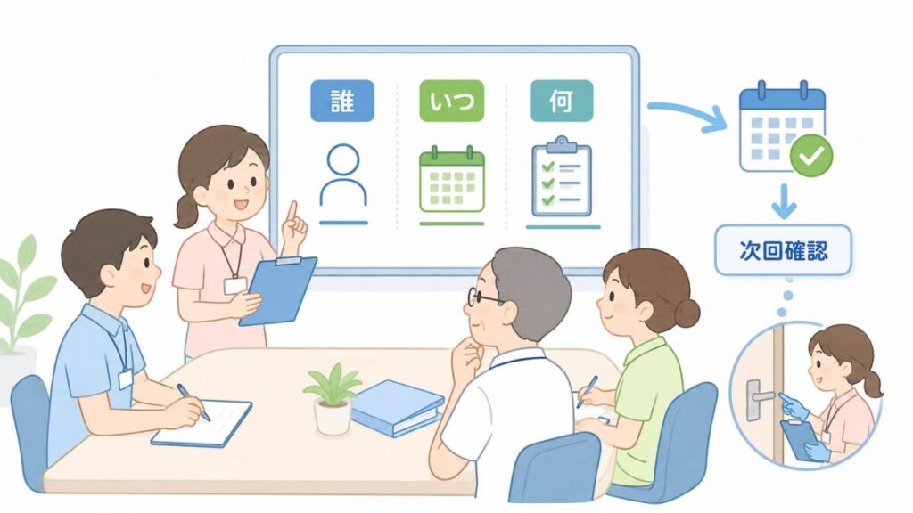 感染対策委員会で担当、時期、内容を決め、次回確認へつなげる様子を示した図解イラスト